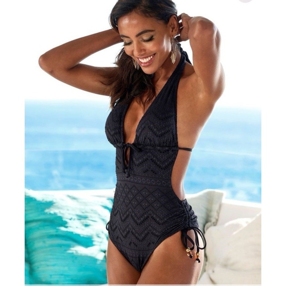 Lascana Pure Selection Size 8 C/D Plunge Crochet Halter One Piece Swimsuit Black